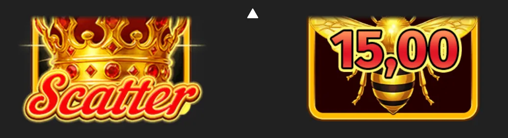Royal Beellion slot symbols featuring a jeweled golden crown labeled Scatter and a striped bee beside a 15,00 value.