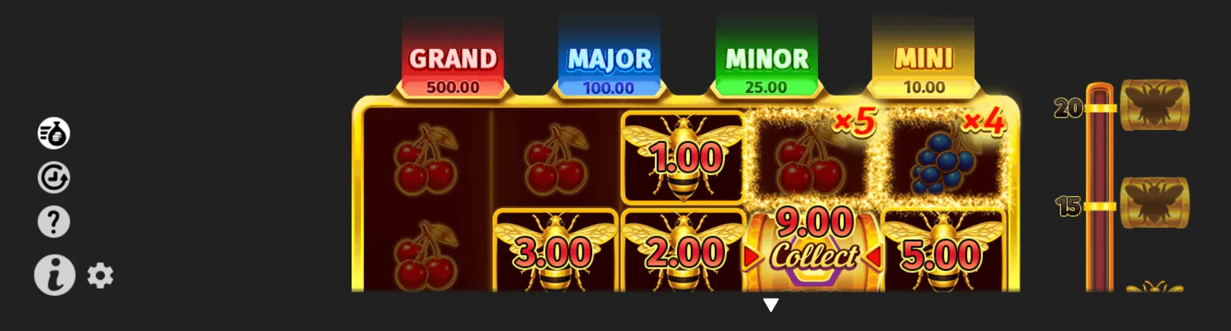 Bee-themed slot interface with gold-framed reels, cherry and grape symbols, honeybee coin values, multiplier markers, a 9.00 Collect symbol, and Grand, Major, Minor, and Mini jackpot meters.