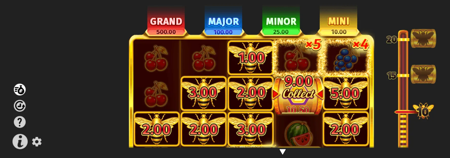 Royal Beellion slot interface with bee symbols carrying cash values, a central 9.00 Collect display, fruit symbols, multiplier markers, and Grand, Major, Minor, and Mini jackpot meters.