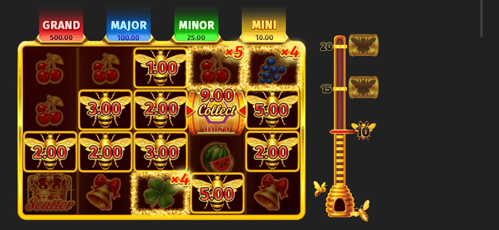 Royal Beellion slot interface with golden bee symbols carrying cash amounts, fruit icons, a Collect total, jackpot tiers, and a vertical bee progress meter.