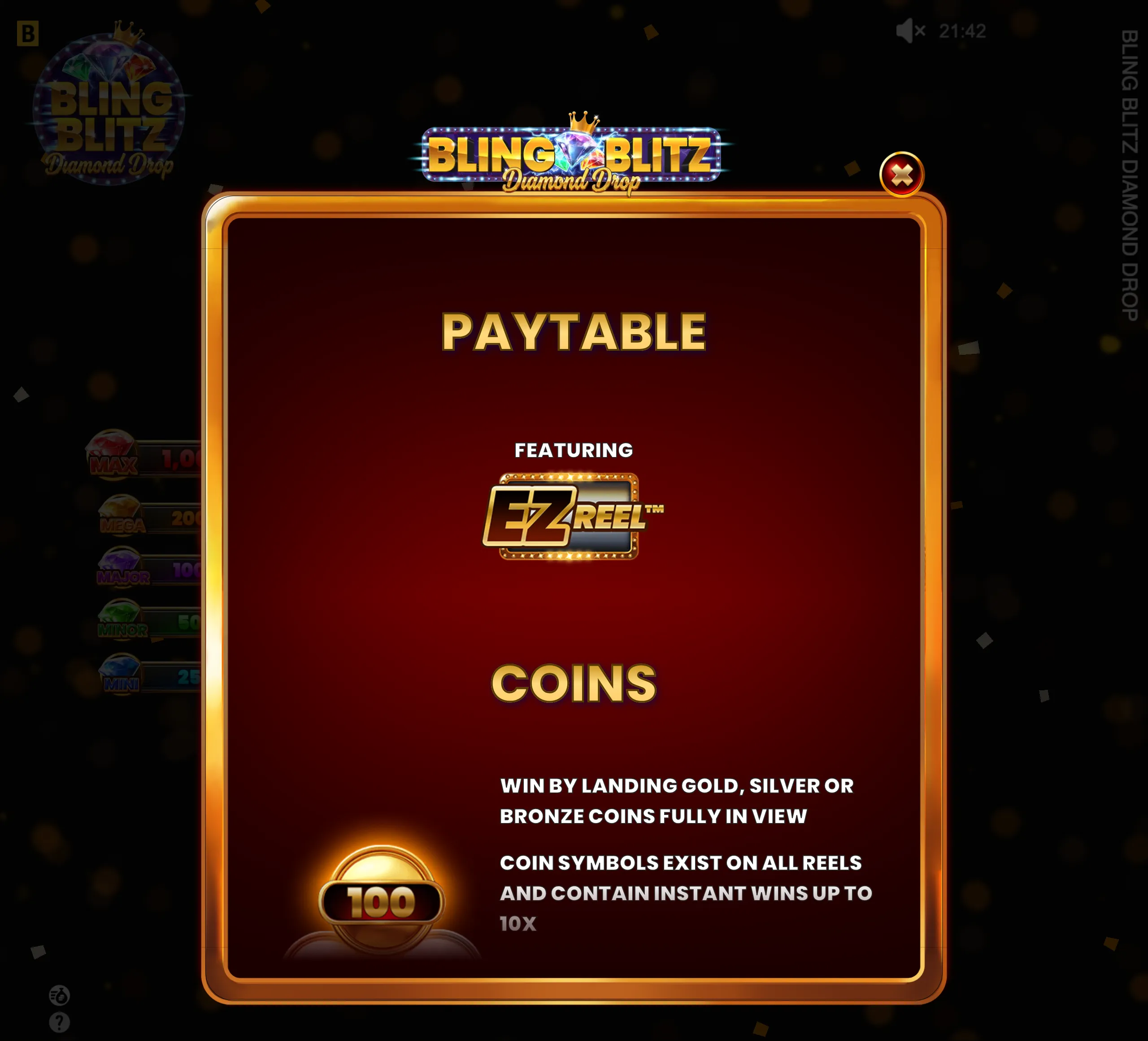 Bling Blitz Diamond Drop paytable with a crowned diamond logo, gold-trimmed red panel, EZ Reel branding, and gold, silver, and bronze coin symbols.