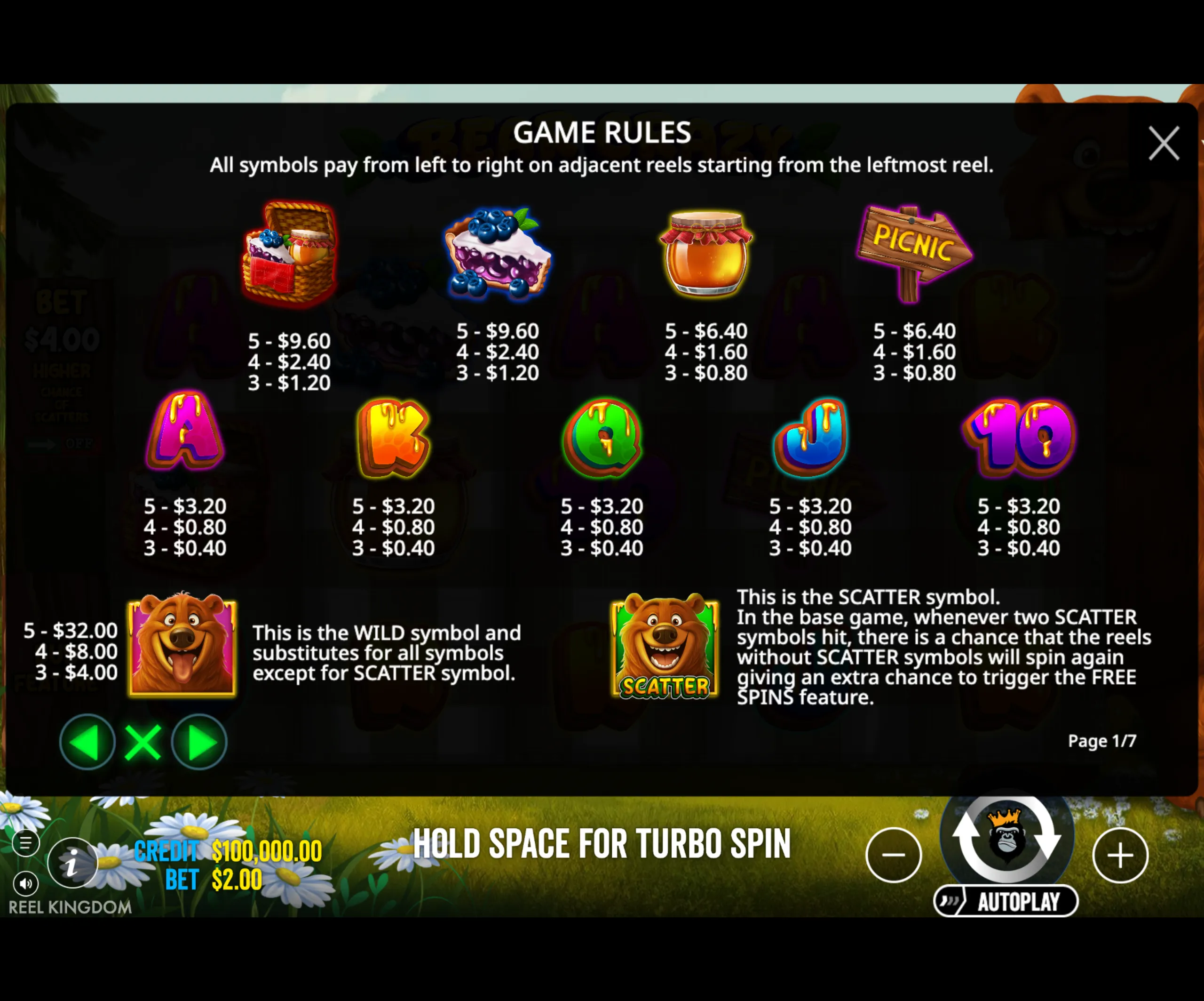 Bear Crazy slot game paytable showing symbol payouts, wild and scatter symbols, and game rules for paylines.