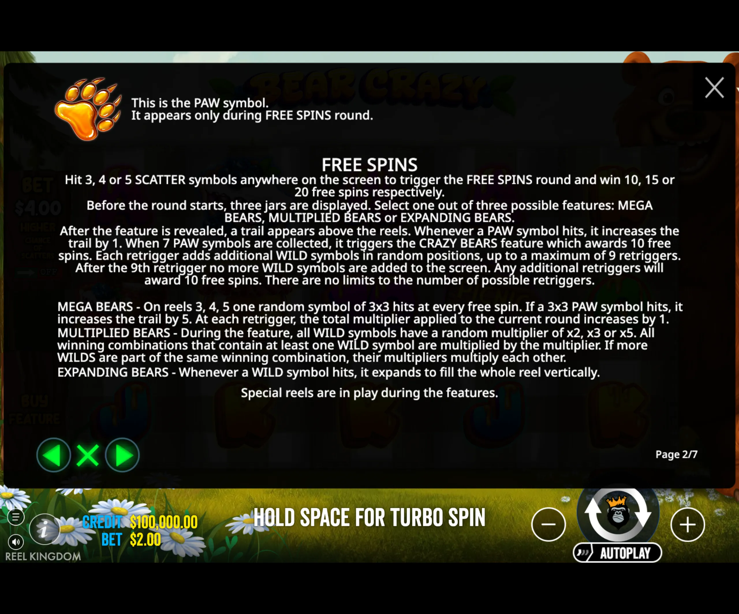 Detailed instructions and explanations about the PAW symbol and free spins features in the Bear Crazy slot game, including scatter triggers, feature choices, and retrigger mechanics.
