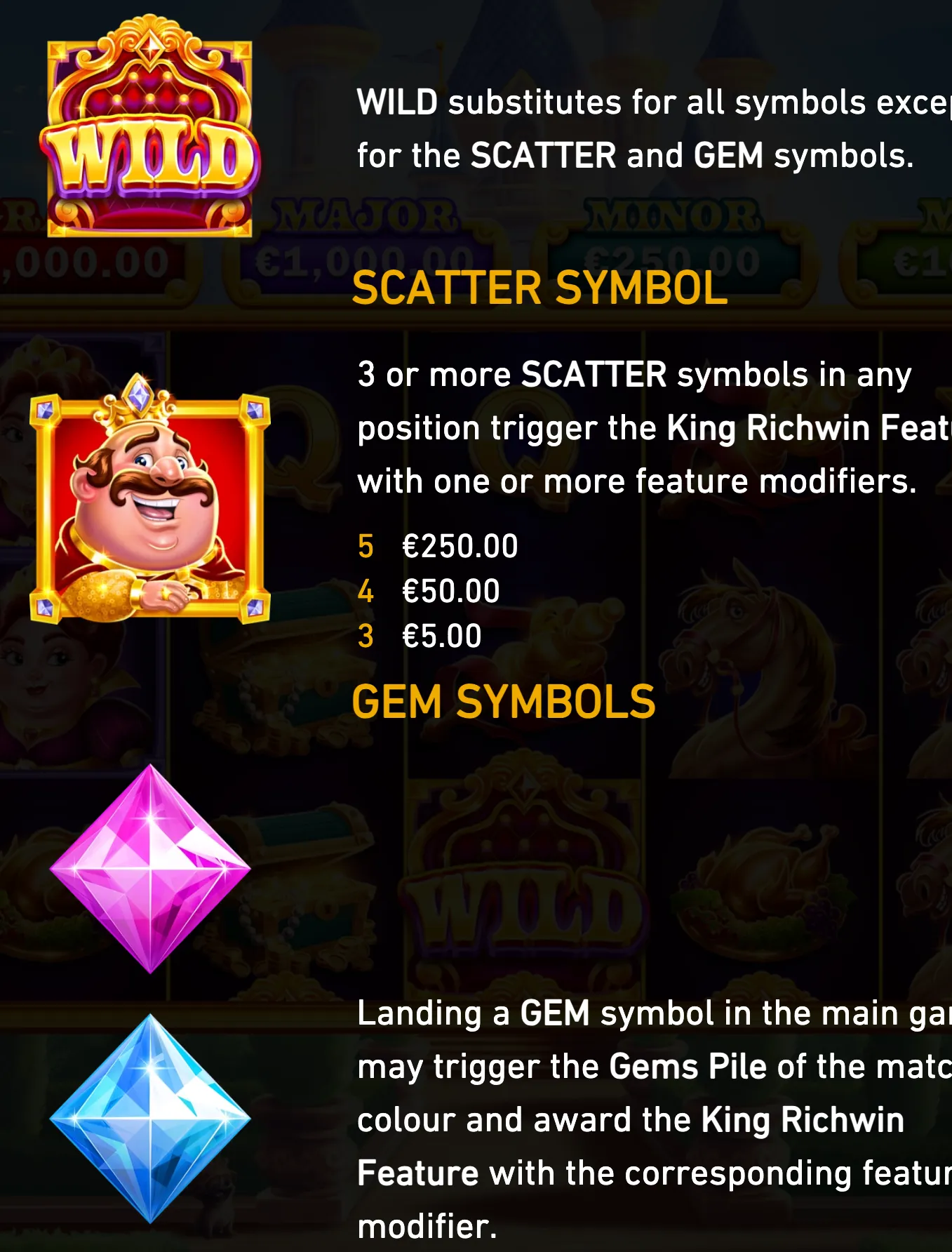 King Richwin slot rules panel featuring a golden Wild emblem, a crowned cartoon king, Scatter symbol counts and payouts, plus pink and blue gem symbols.