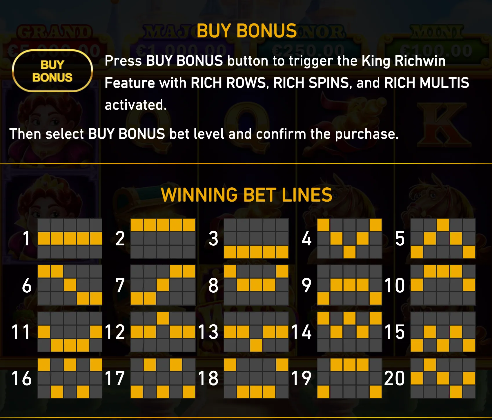 King Richwin bonus information panel with a Buy Bonus instruction, a darkened slot-reel backdrop, and 20 highlighted winning bet-line diagrams.