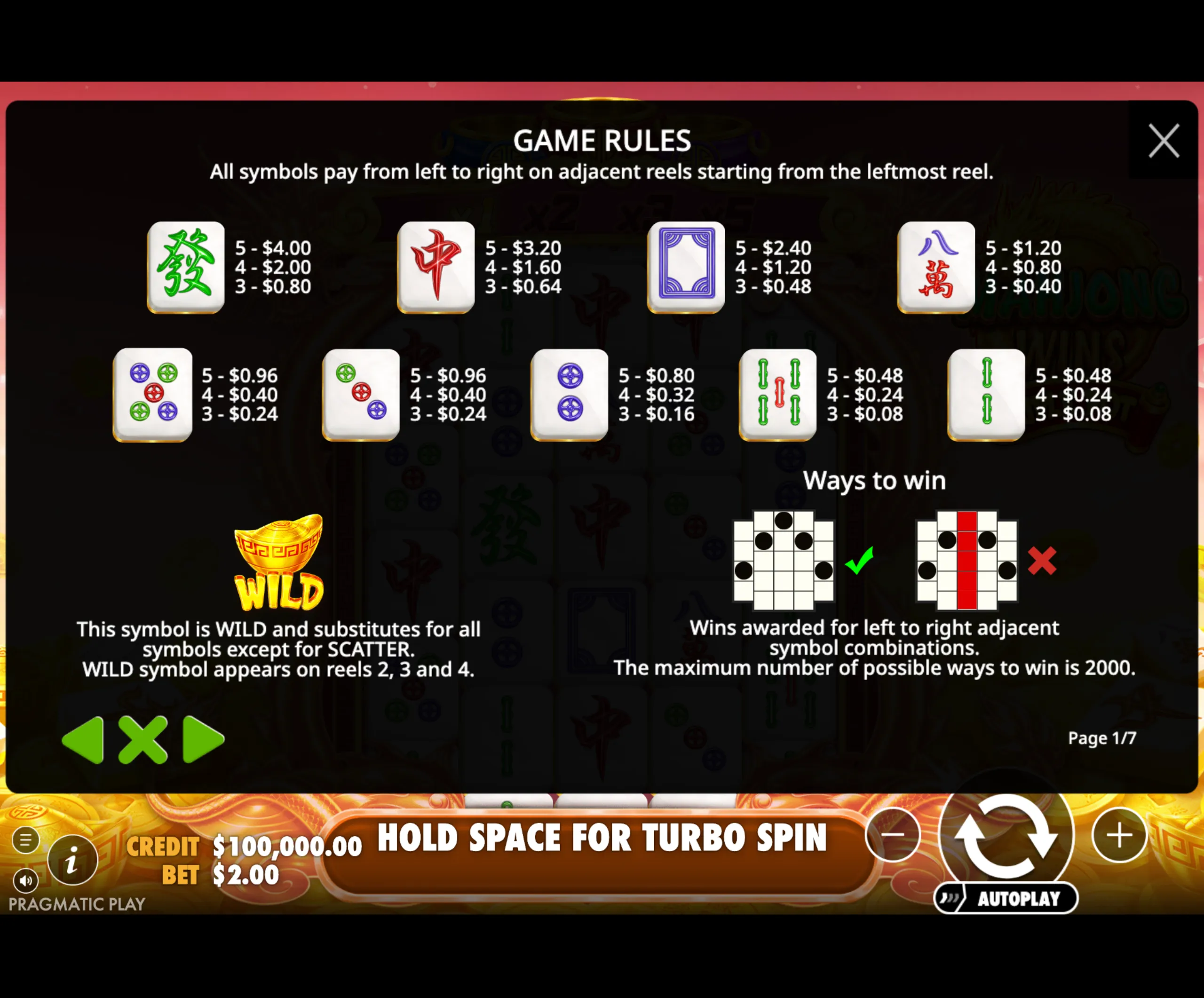 Mahjong Wins Triple Pot paytable page 1 with symbol payouts