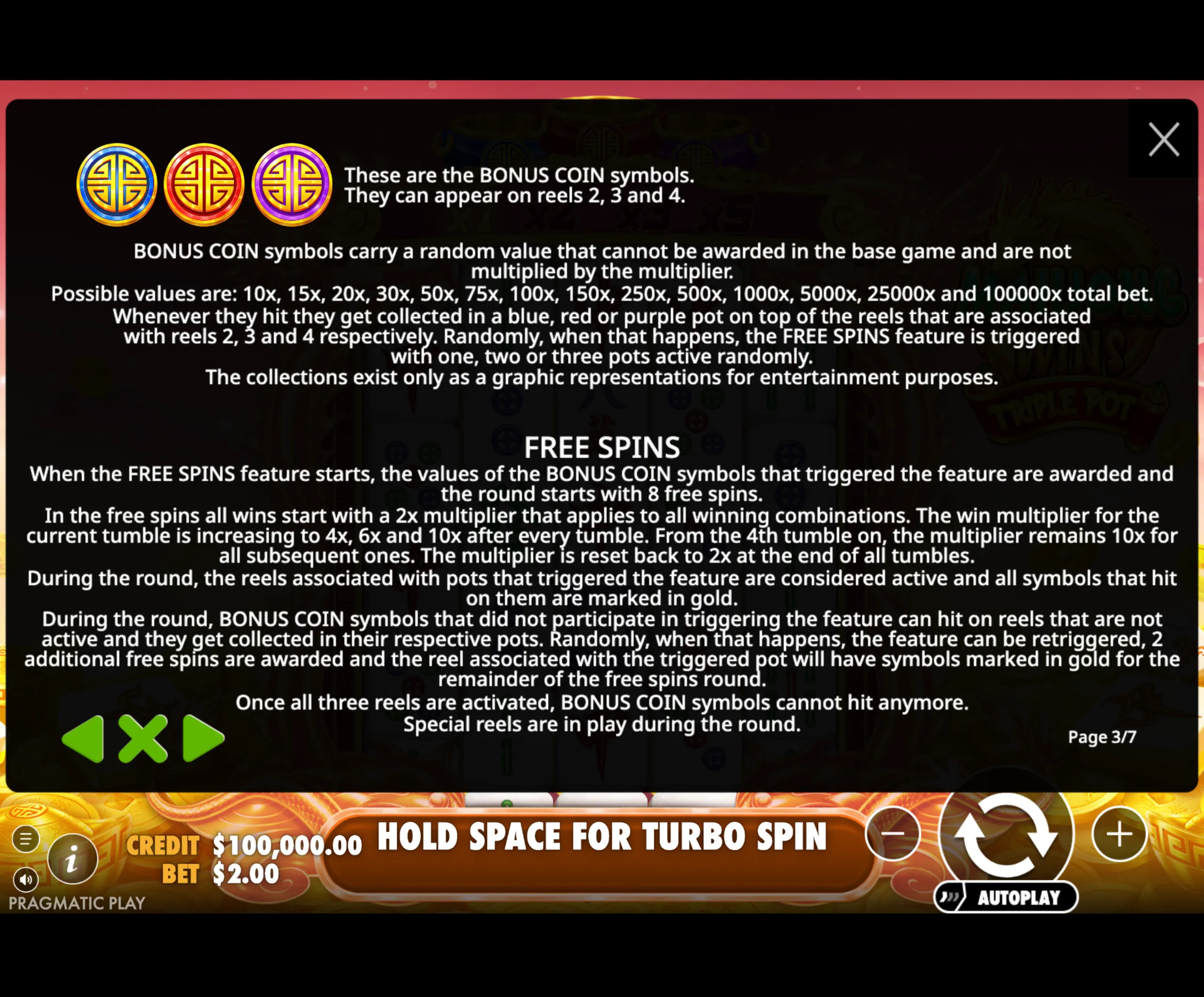 Mahjong Wins Triple Pot paytable page 2 with symbol payouts