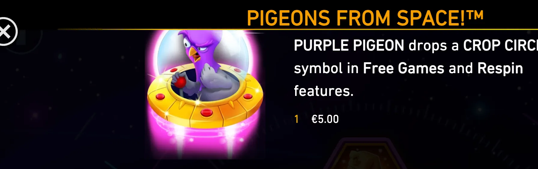 Pigeons From Space! slot preview featuring a purple pigeon emerging from a glowing golden UFO against a dark starry space backdrop, with feature text for Free Games and Respin modes.