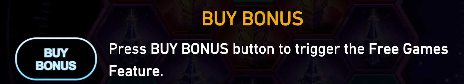 Pigeons From Space! buy bonus menu with a glowing Buy Bonus button and text prompting players to trigger the Free Games feature against a dark space-themed backdrop.
