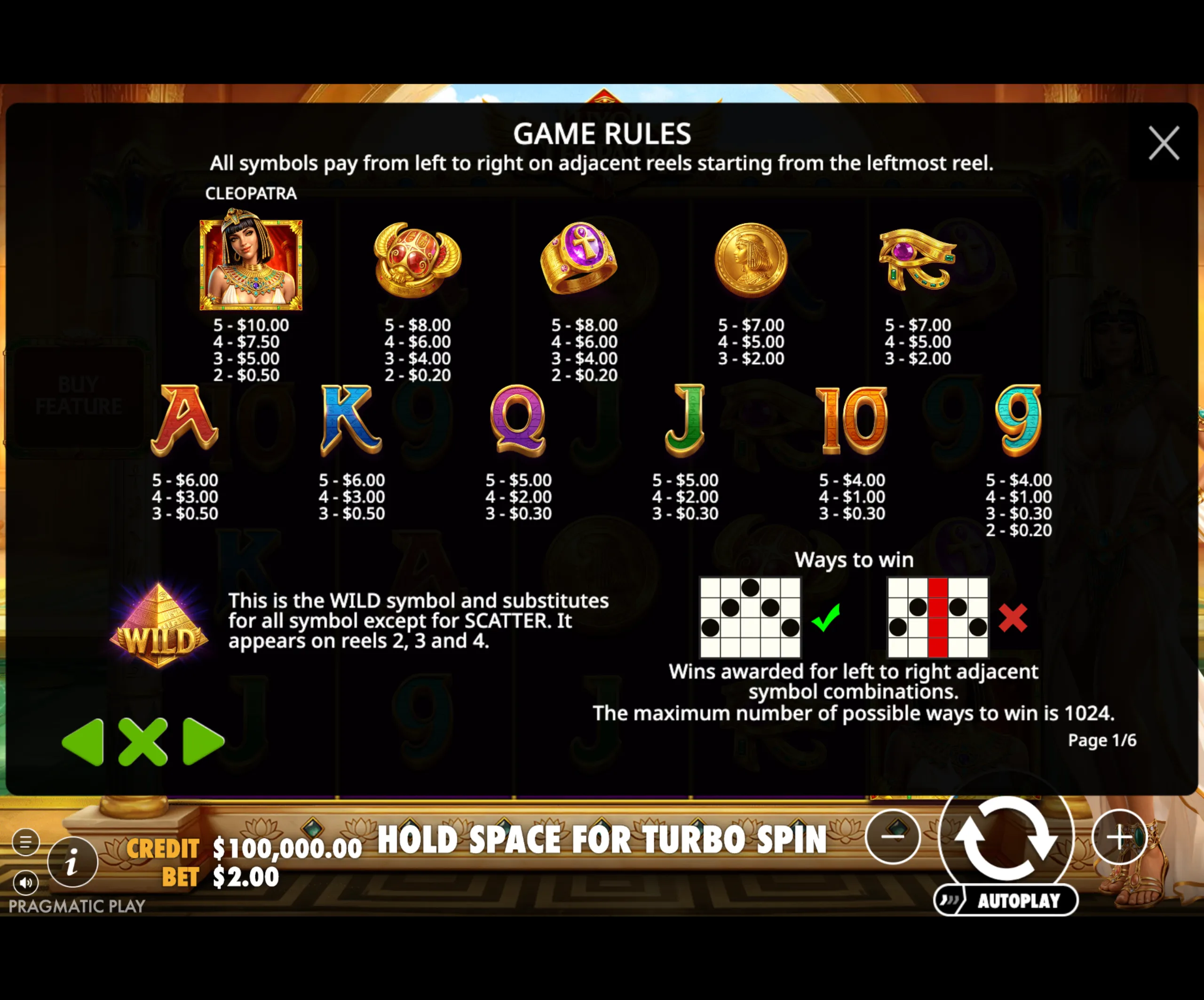 Slot game paytable featuring Cleopatra and Egyptian-themed symbols with corresponding payouts and game rules on adjacent reels.