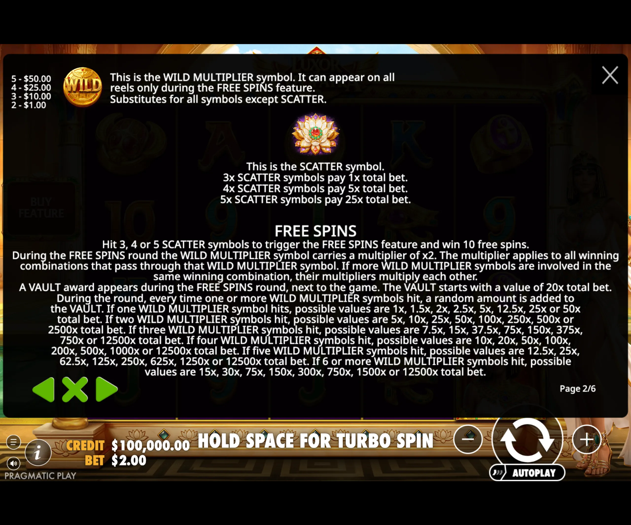 Luxor of Cleopatra slot game paytable highlighting the WILD MULTIPLIER and SCATTER symbols with detailed payout values and free spins feature explanation.