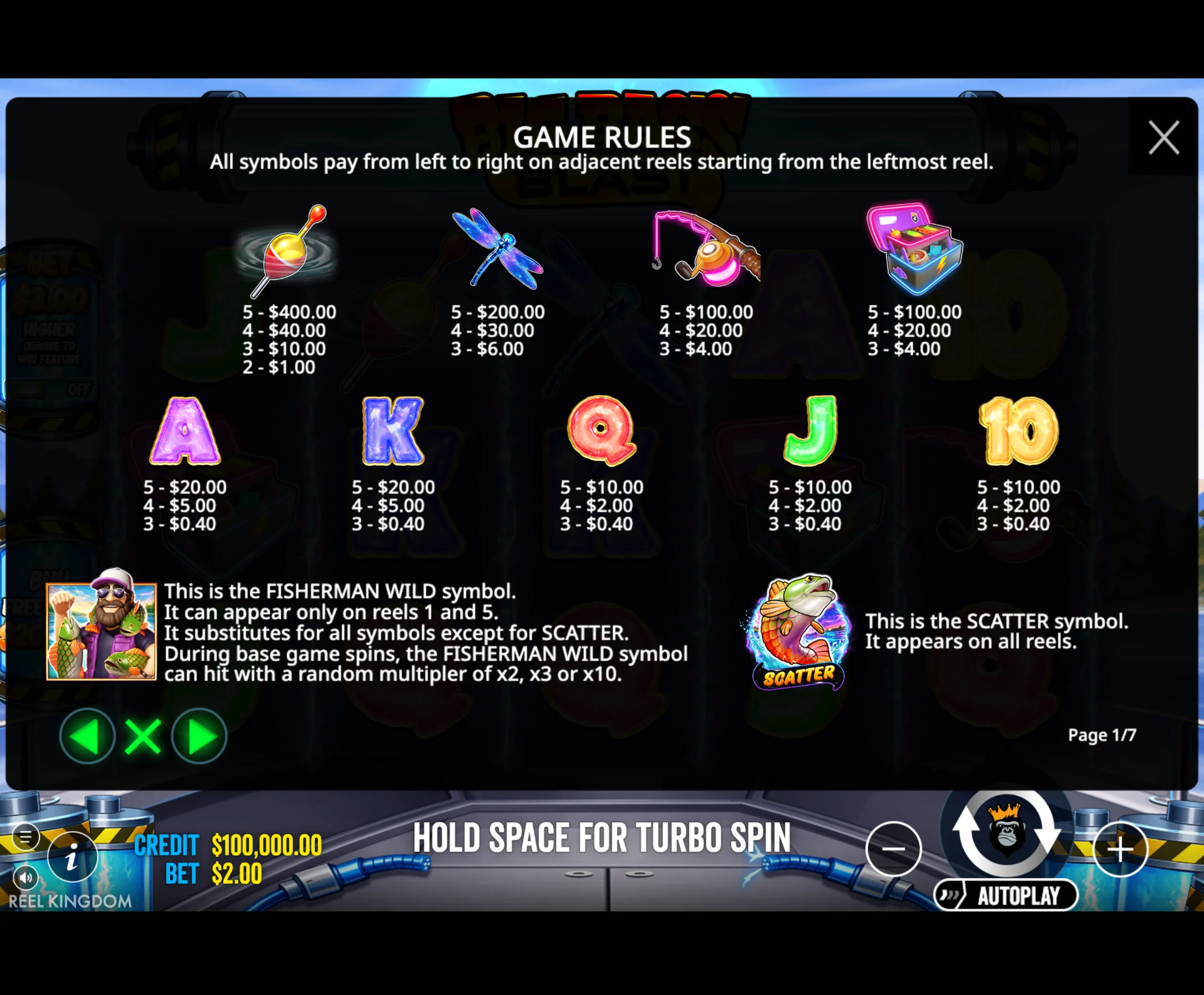 Big Bass Blast slot game paytable showing fishing-themed symbols with their payout values and explanations of special wild and scatter symbols.