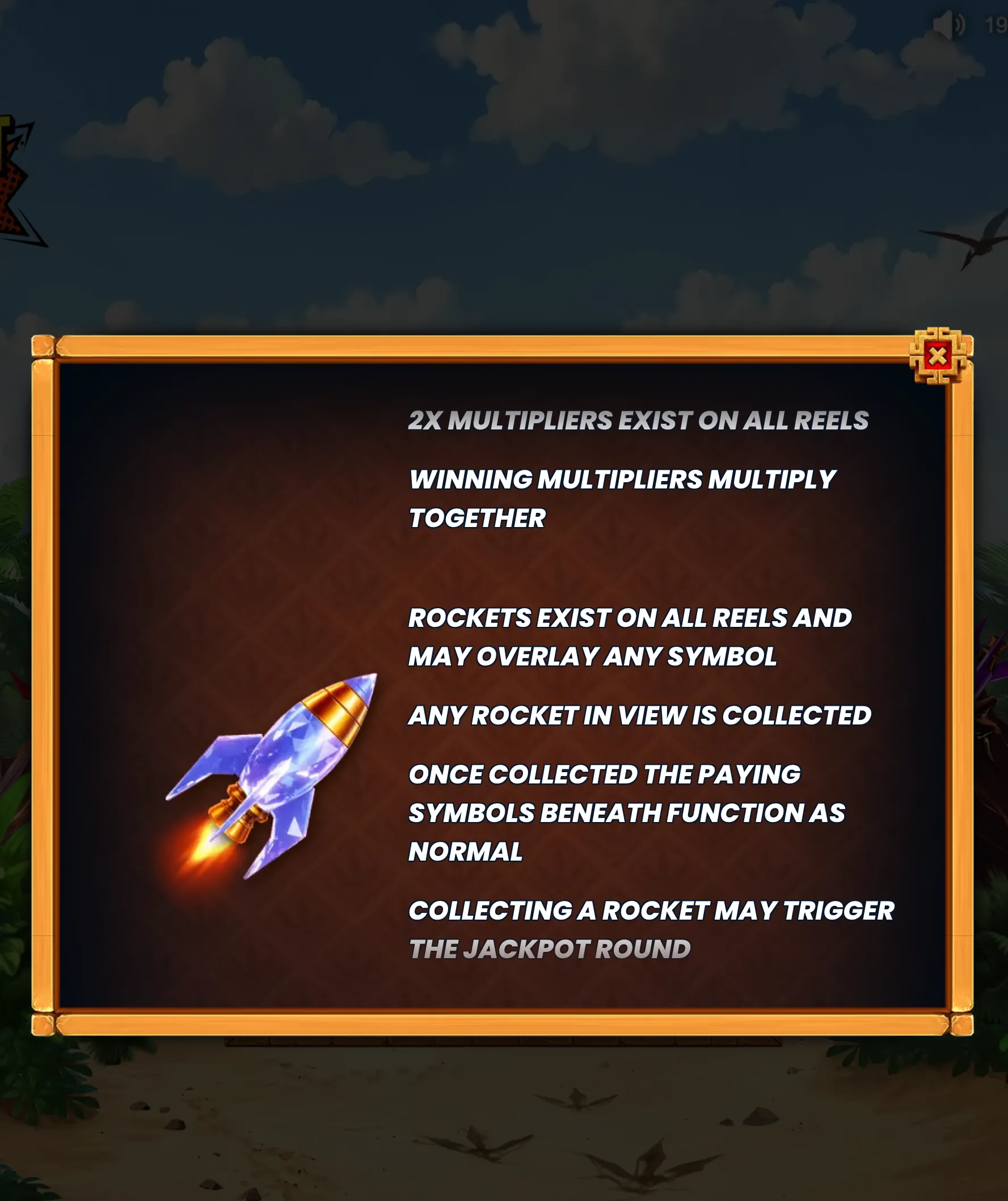 A fiery crystal rocket launches inside a gold-framed rules panel against a dark blue sky with clouds, explaining 2x multipliers, rocket overlays, collection, and the jackpot round.