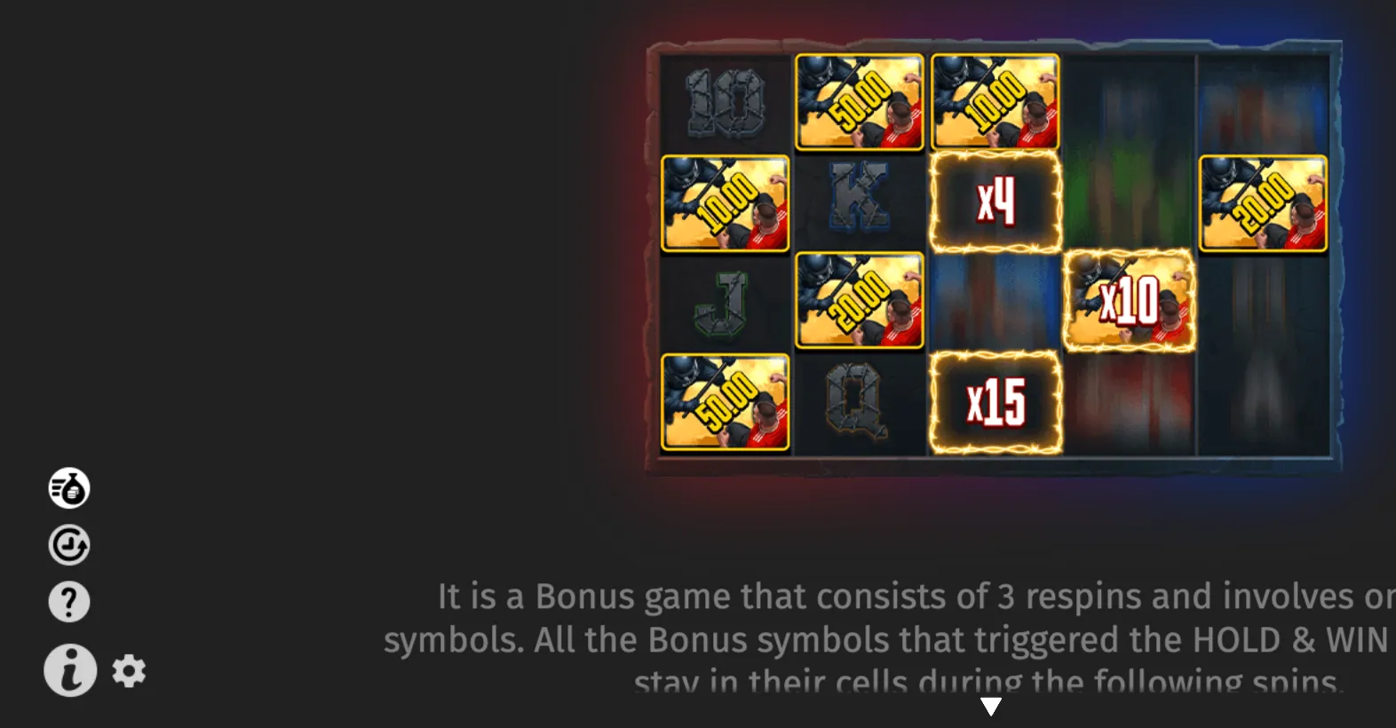 Ultras slot bonus interface with football-fan symbols carrying cash values from 5.00 to 50.00, alongside glowing x4, x10 and x15 multiplier tiles on dark reels.