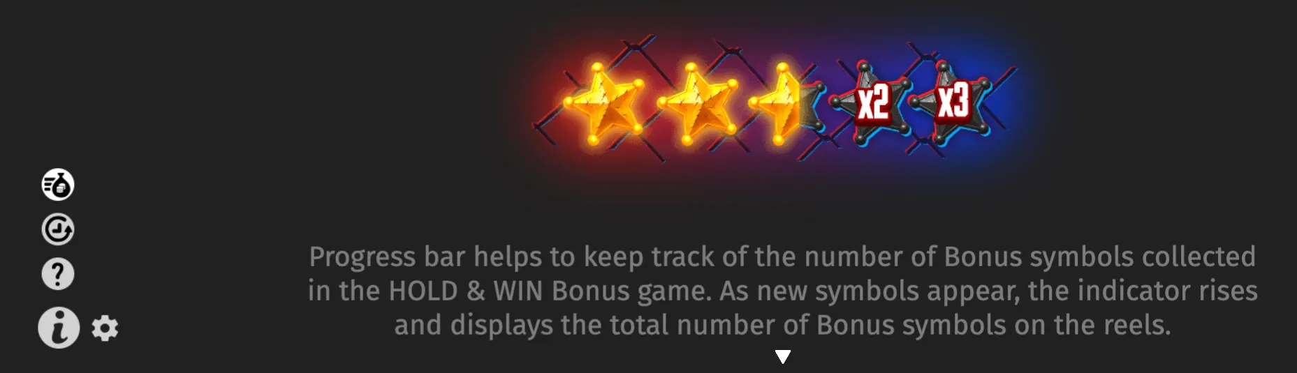 Ultras slot bonus interface with a glowing progress bar featuring golden star symbols and multiplier markers labeled x2 and x3, alongside explanatory text about the Hold & Win bonus.