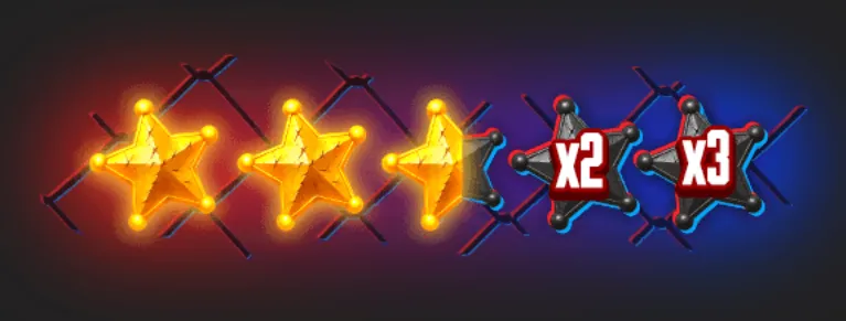 Three glowing golden star symbols appear beside metallic star badges marked x2 and x3 on a dark red-and-blue backdrop.