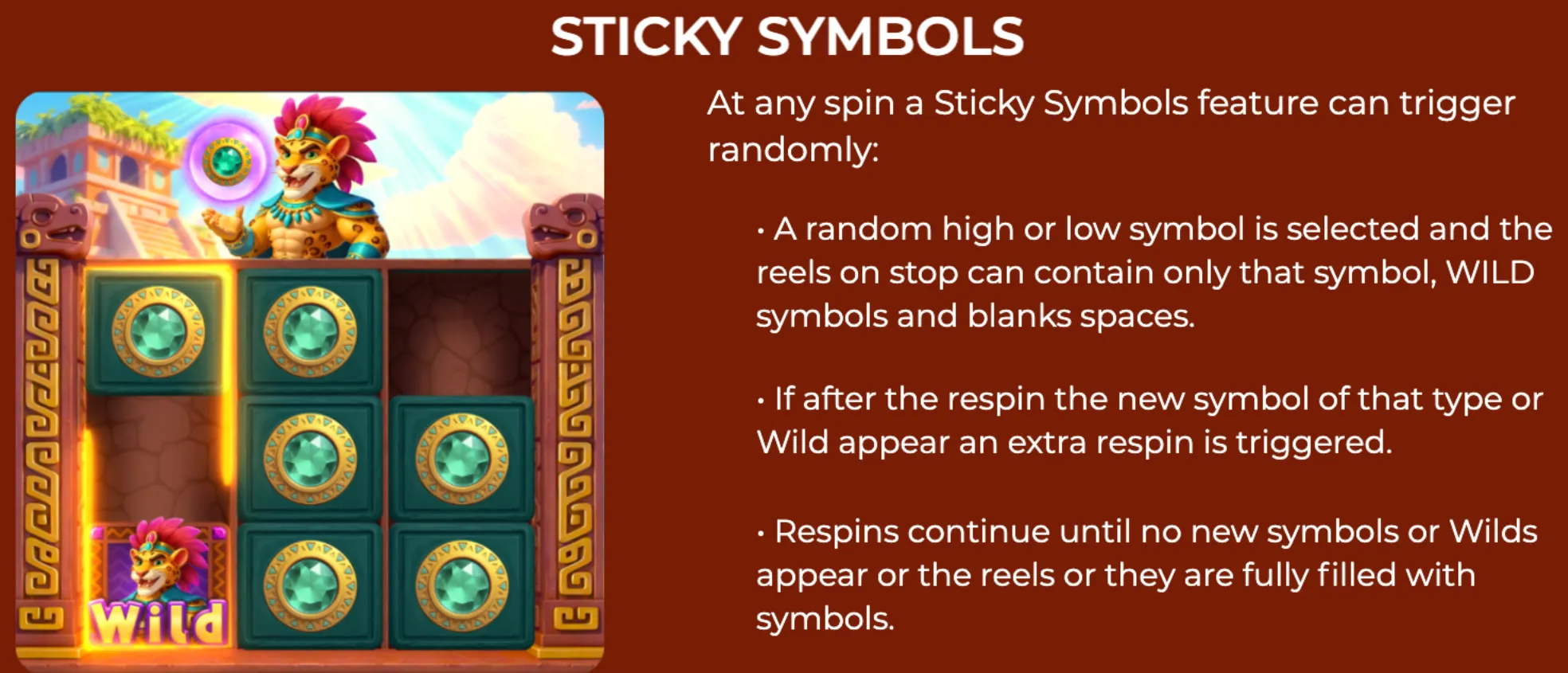 Fortune Jaguar slot game with a jaguar character Wild symbol and green gem symbols on reels, showcasing the Sticky Symbols feature.