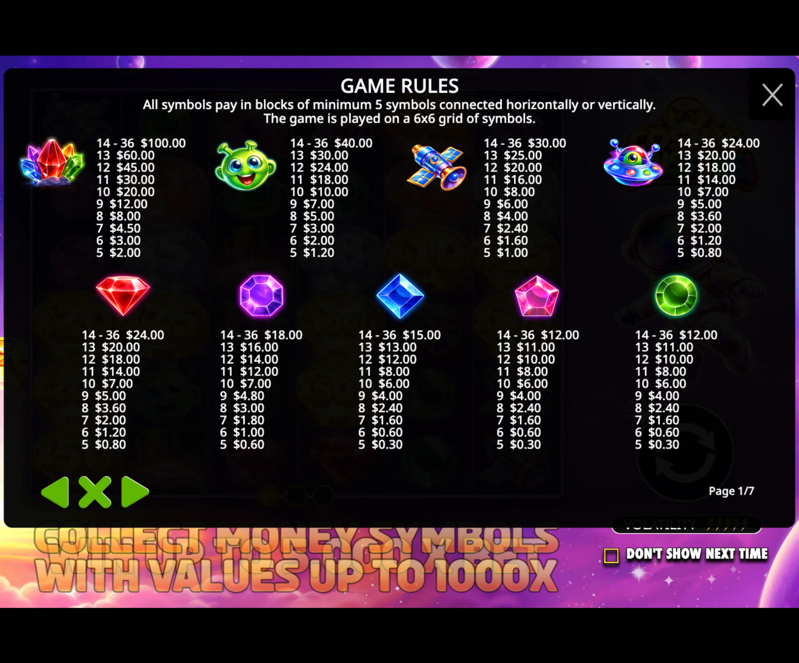 Game rules and paytable for Cosmic Clusters slot showing colorful cosmic-themed symbols and their payout values for clusters of 5 to 36 connected symbols on a 6x6 grid.