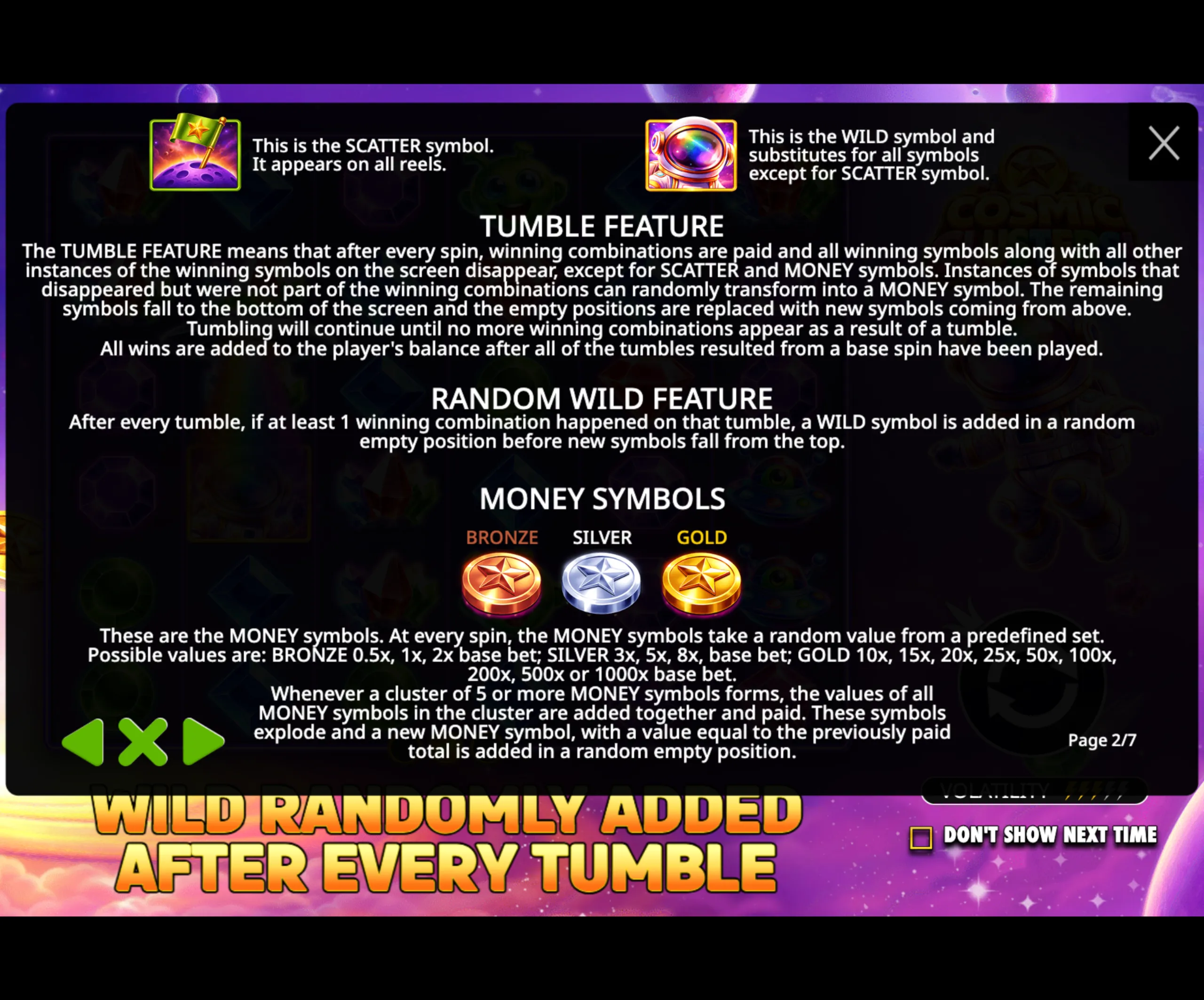 Cosmic Clusters slot game instructions detailing scatter, wild, tumble feature, random wild feature, and money symbols with their values and effects.