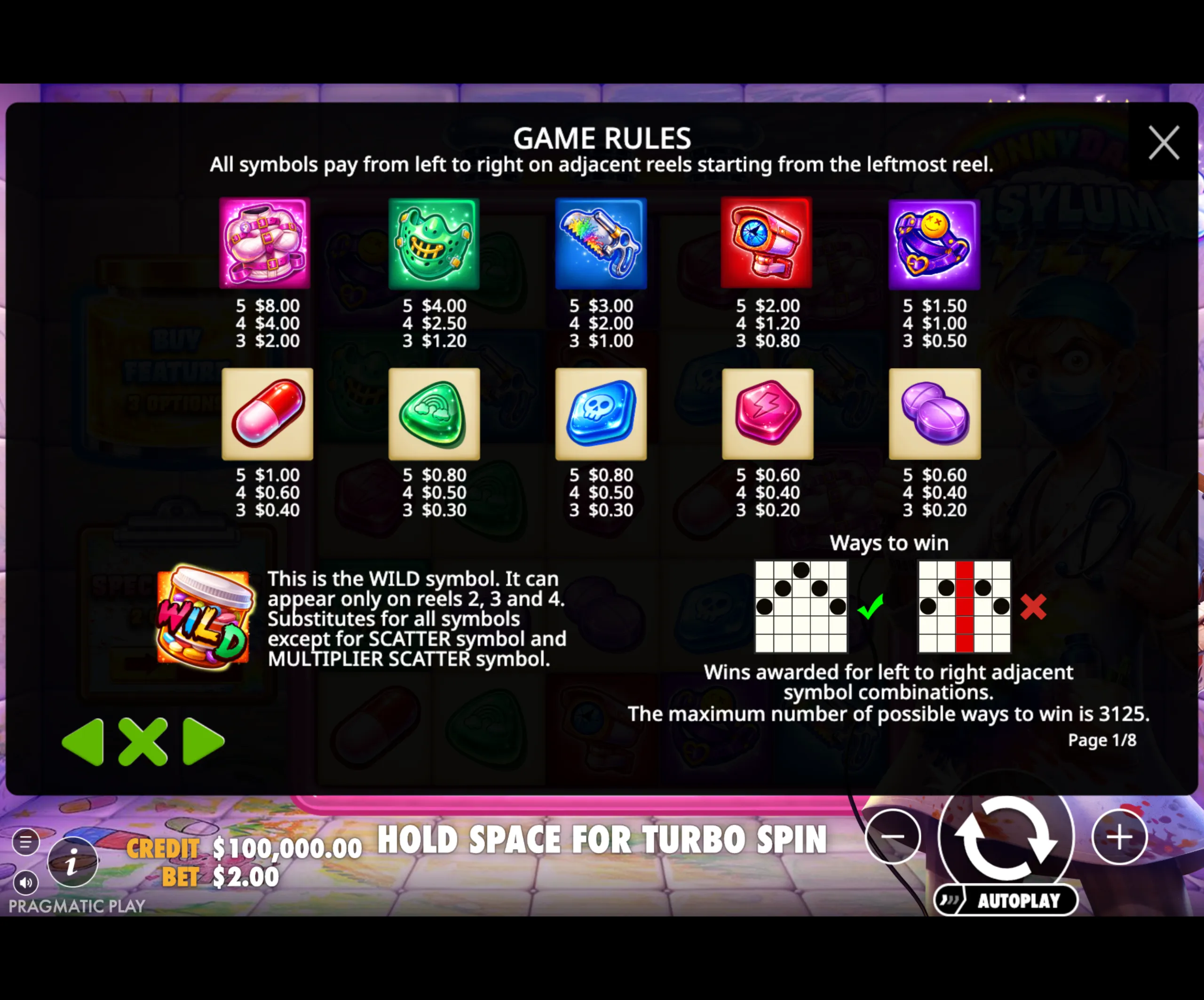 Game rules and symbol payouts for Sunnydaze Asylum slot, featuring colorful icons like a straitjacket, mask, and pills with their respective payout values.