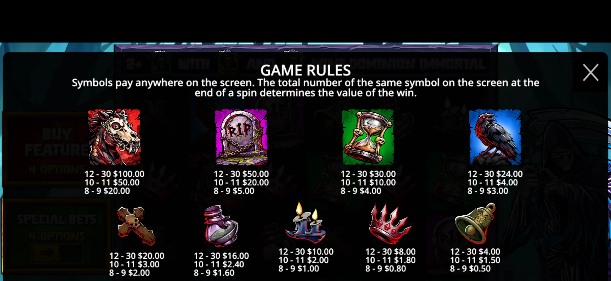 Symbols from Death Dominion slot include a skeletal horse, tombstone, hourglass with skulls, and a red-eyed raven, each with associated payout values.