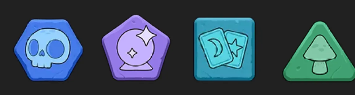 Four cartoon slot symbols—a blue skull, purple crystal ball, moon-and-star cards, and green mushroom—appear against a dark backdrop.