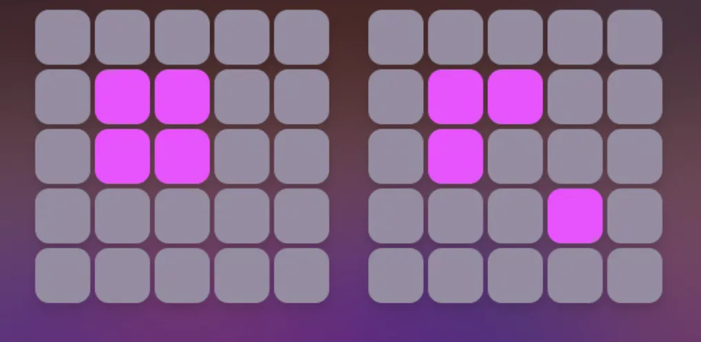 Abstract Multi Rush slot graphic featuring two five-by-five grids of rounded tiles, with selected cells glowing purple against a dark purple gradient.