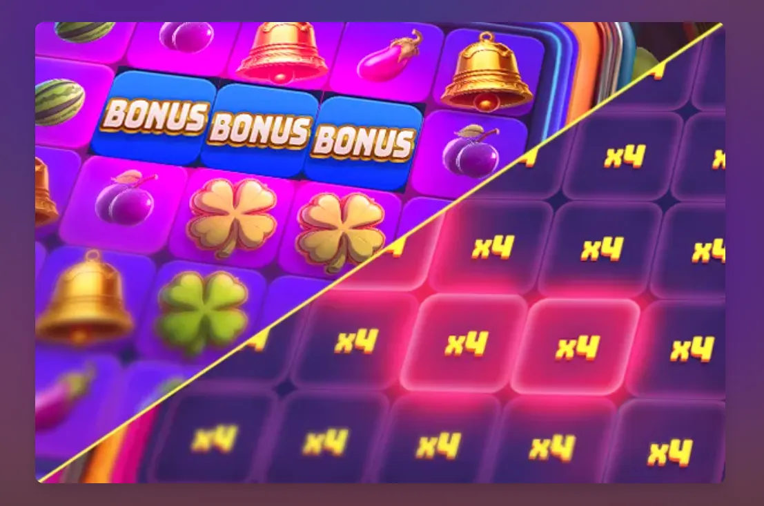 Colorful Multi Rush slot reels featuring BONUS tiles, bells, fruit, clovers, and glowing x4 multiplier tiles in a neon arcade style.