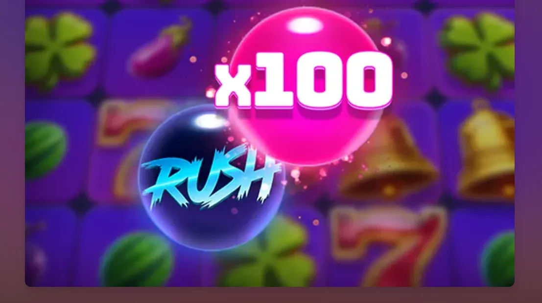 Multi Rush slot artwork featuring glowing pink and blue orbs, bold x100 lettering, and blurred fruit-machine symbols including bells, sevens, watermelons, and clovers.