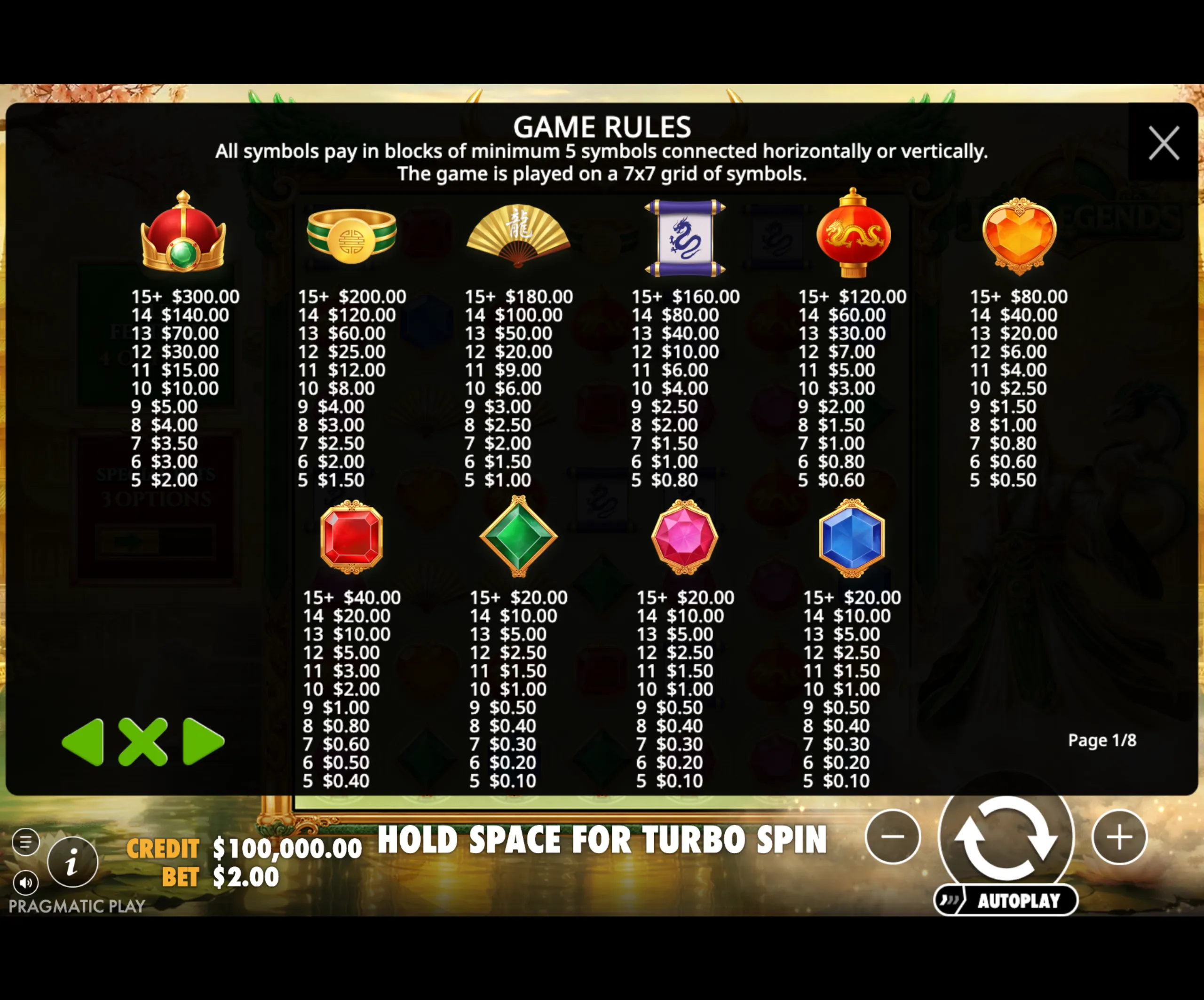 Jade Legends paytable page 1 with symbol payouts