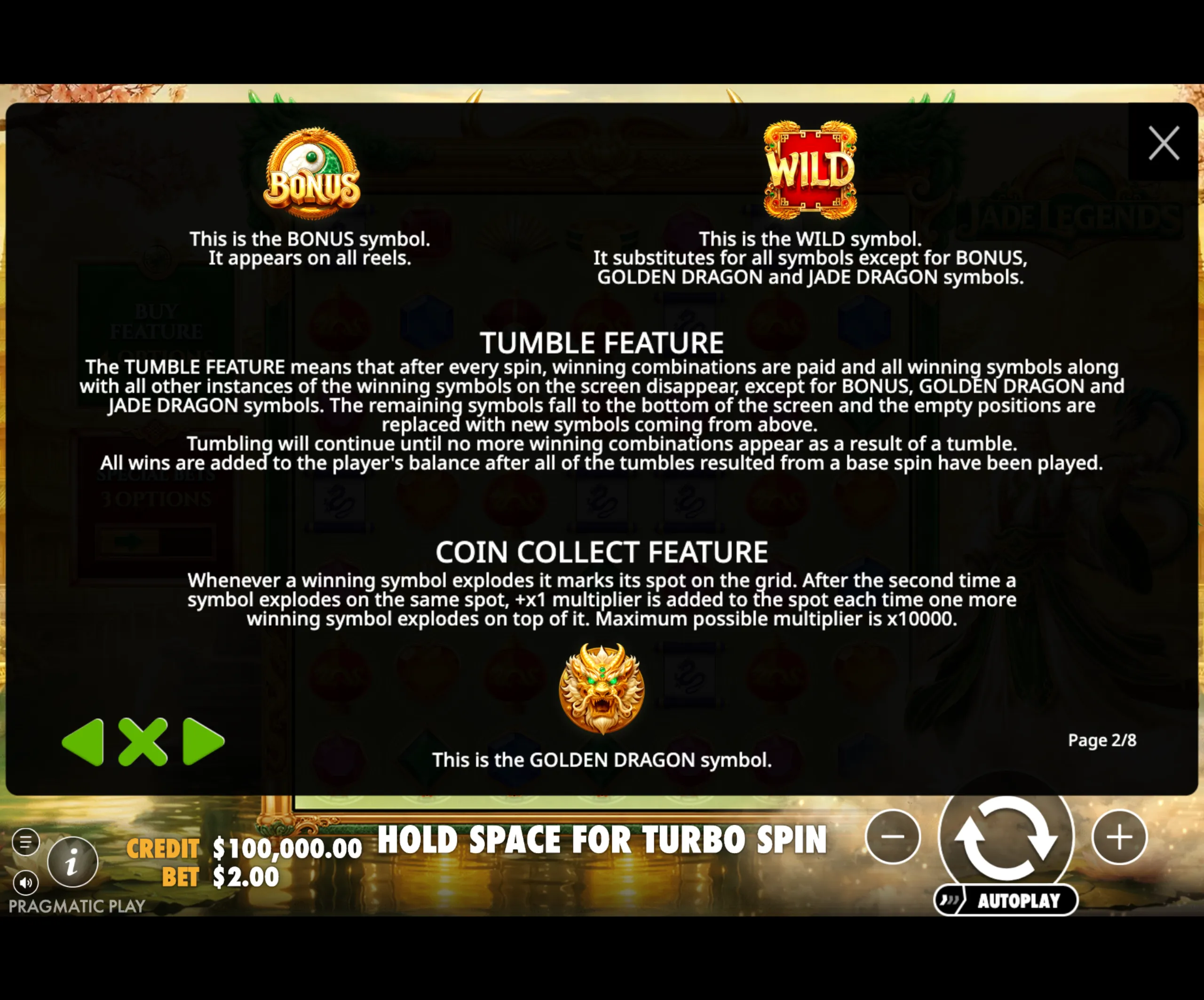 Jade Legends paytable page 2 with symbol payouts