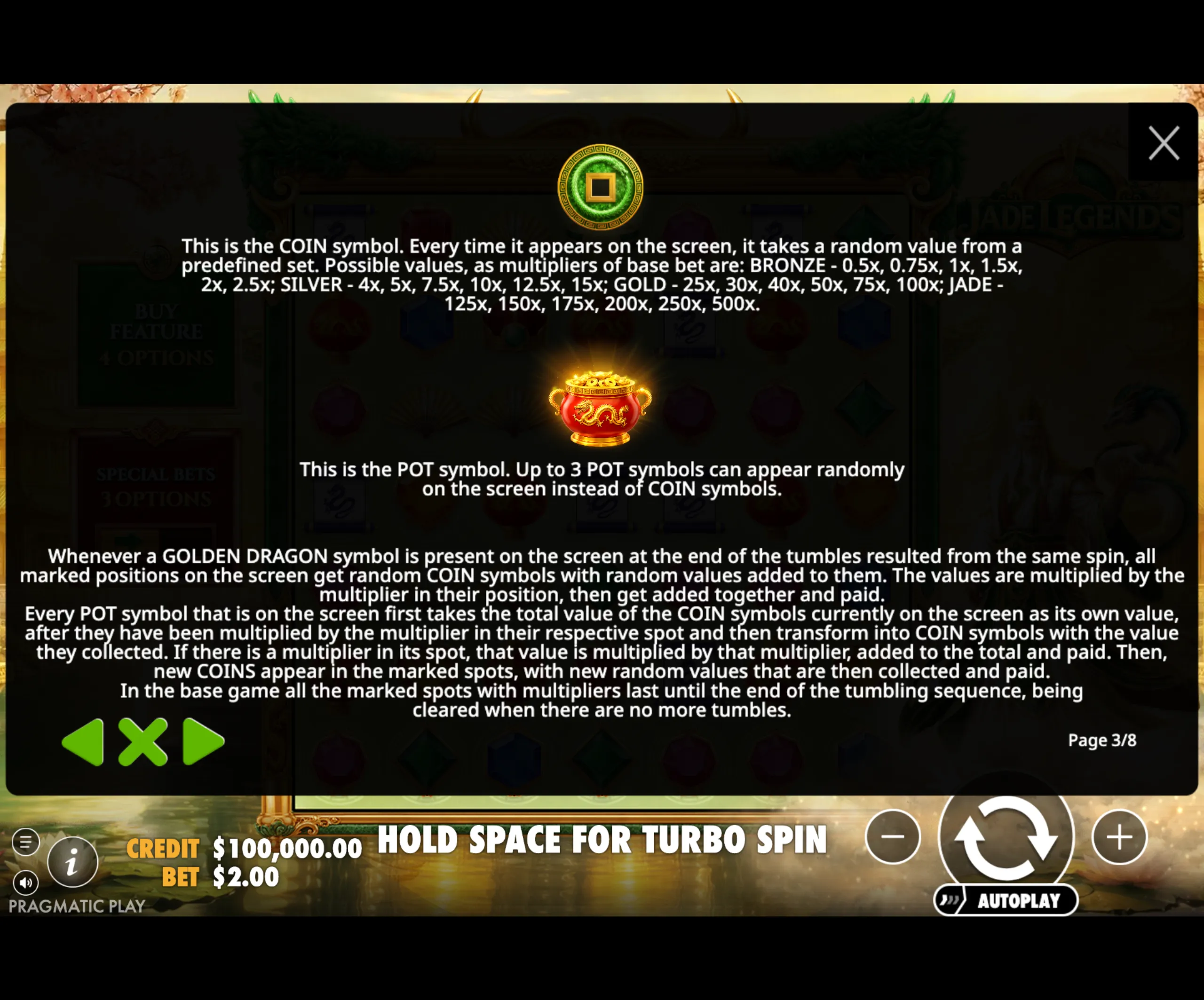 Jade Legends paytable page 3 with symbol payouts