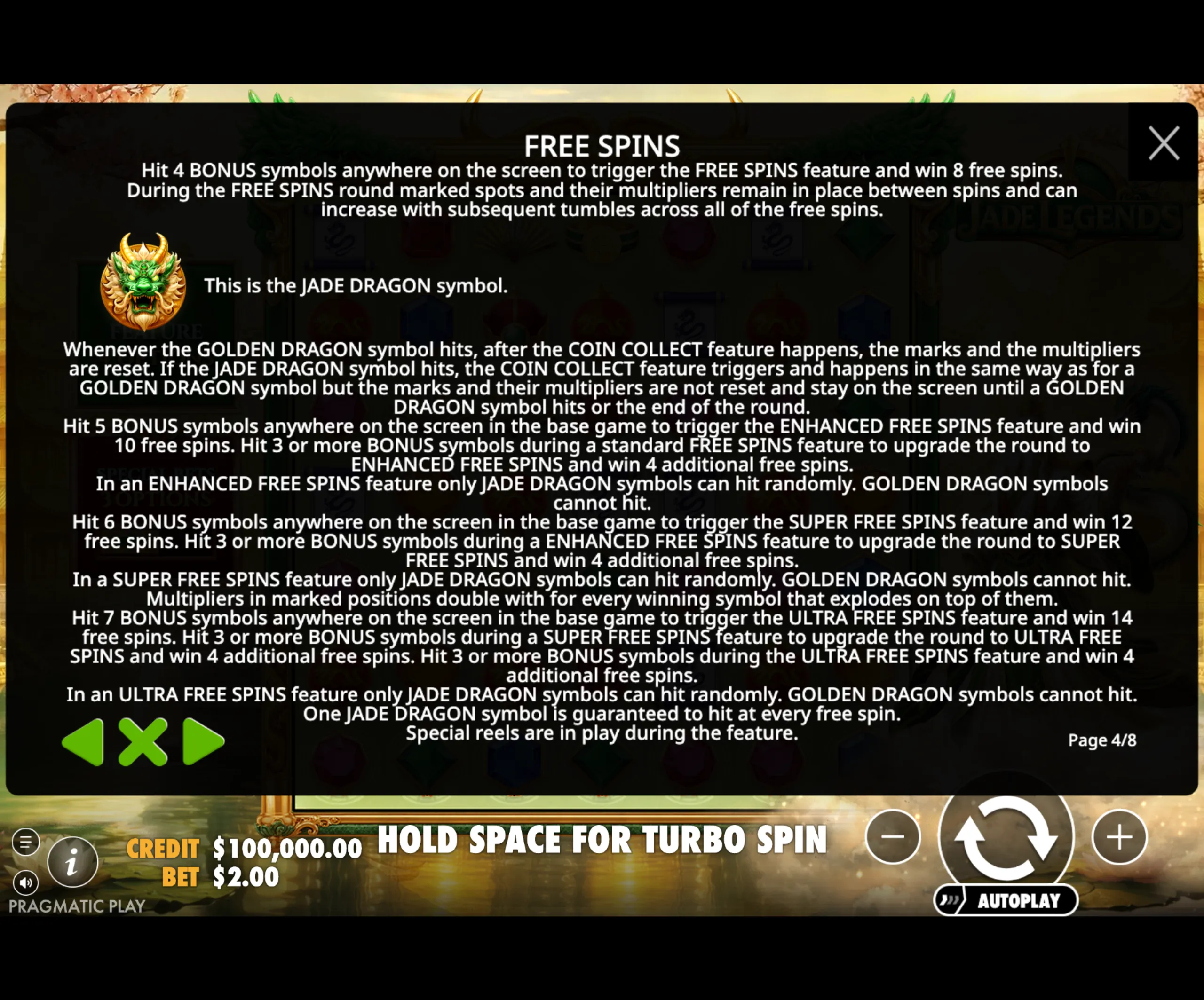 Jade Legends paytable page 4 with symbol payouts