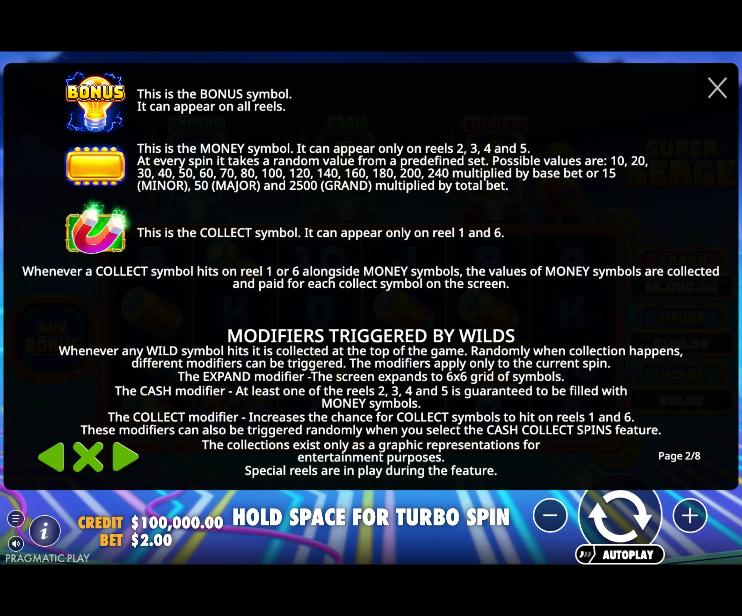 Super Serge paytable page 2 with symbol payouts