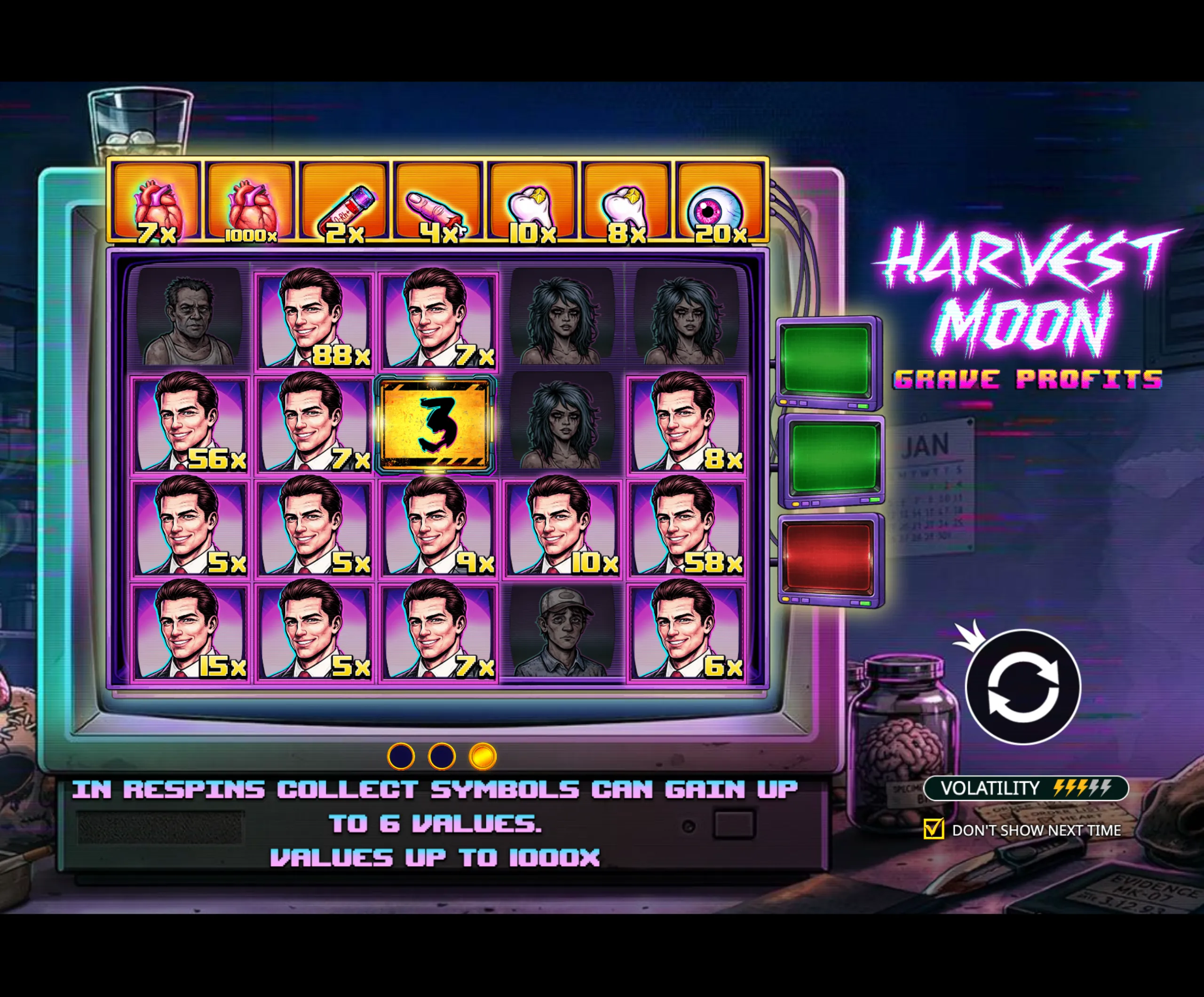 A neon-lit slot game interface featuring cartoonish horror-themed symbols like hearts, teeth, fingers, and eyeballs with multipliers, set against a dark background with a glowing title 'Harvest Moon - Grave Profits'.
