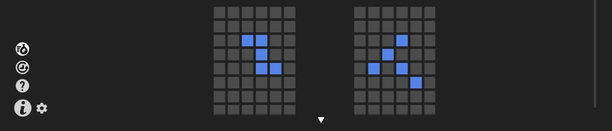 Dark Alien Fruits 3 game interface with two gray tiled grids, blue highlighted squares, white control icons, and a downward arrow.