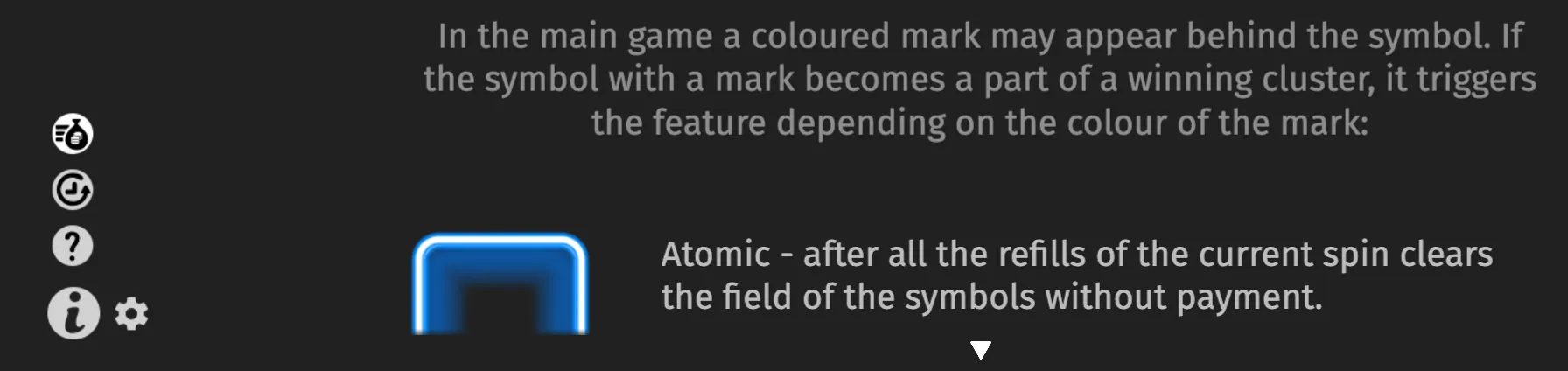 Dark rules panel for Alien Fruits 3 describing colored marks behind symbols, with a glowing blue Atomic mark and explanatory text.