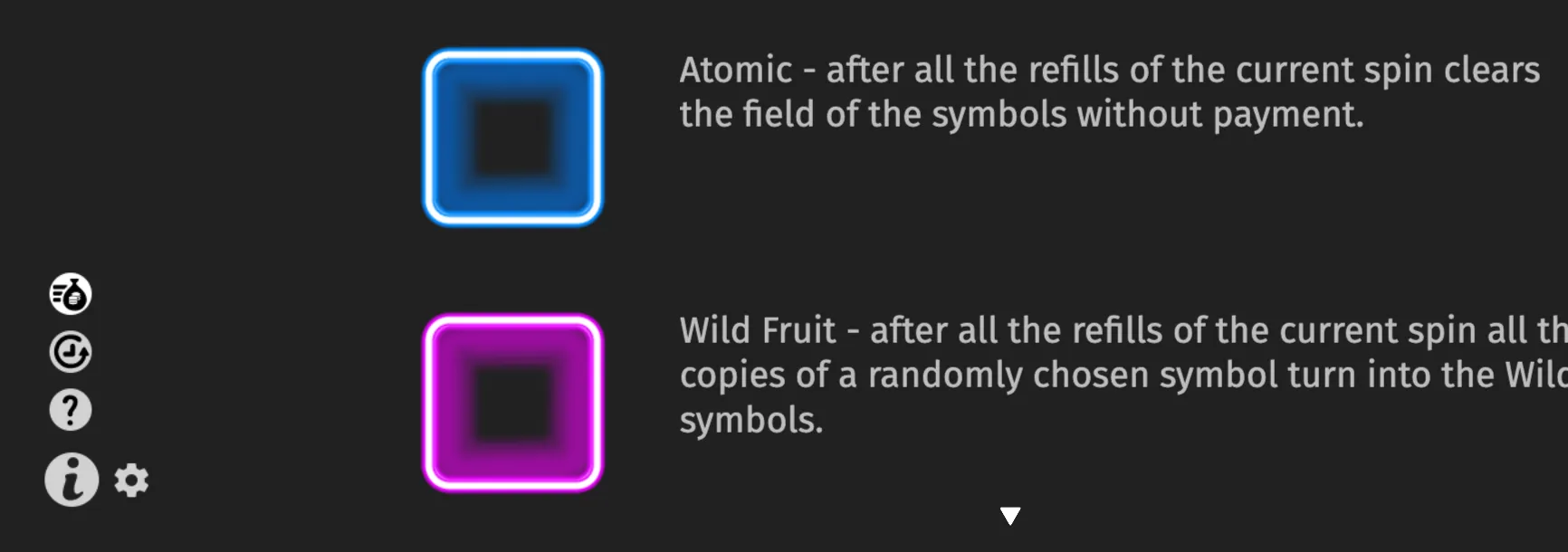 Alien Fruits 3 rules panel with glowing blue Atomic and magenta Wild Fruit symbols beside explanatory text on a dark interface.