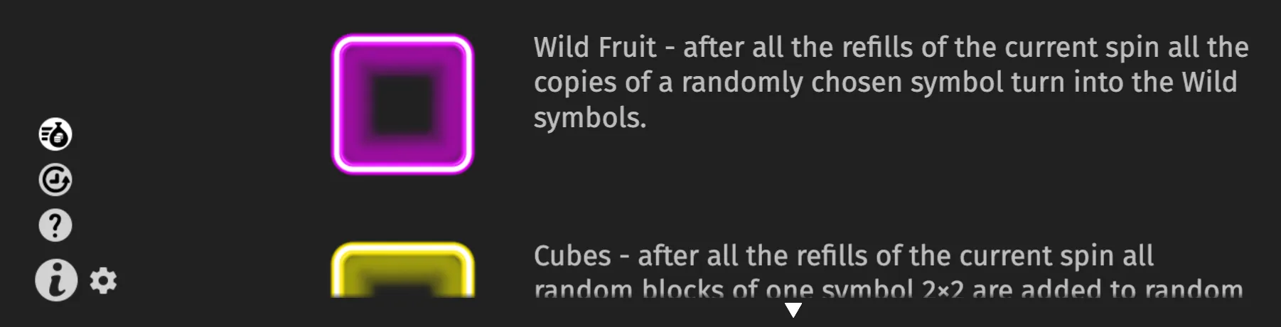 Dark Alien Fruits 3 feature guide displaying neon purple Wild Fruit and yellow Cubes icons beside explanatory text, with circular menu controls along the left.