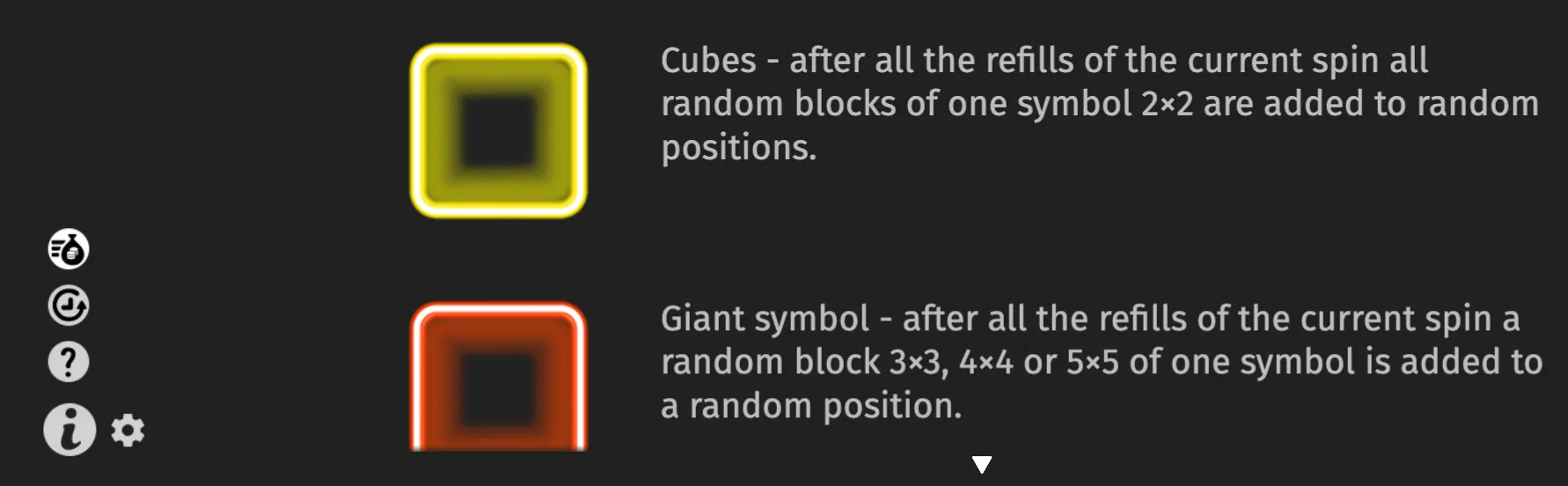 Alien Fruits 3 feature guide with yellow and orange square icons explaining random 2x2 cube blocks and 3x3, 4x4, or 5x5 giant symbol blocks added after refills.