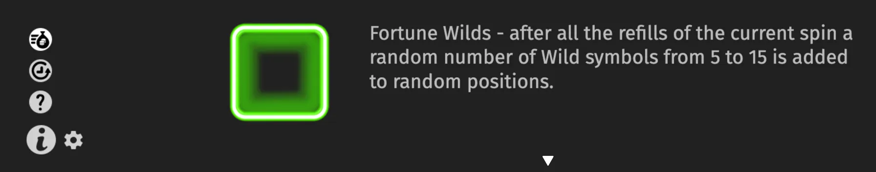 Alien Fruits 3 feature guide with a glowing green square icon and text explaining that Fortune Wilds add 5 to 15 random Wild symbols after all current-spin refills.