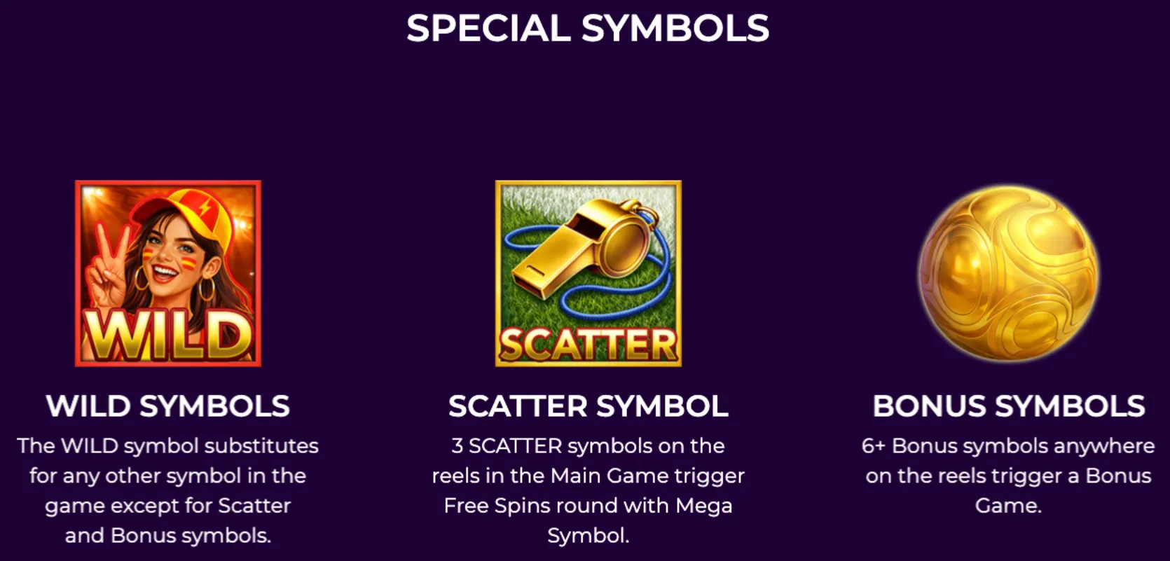 Special symbols in Comeback slot include a cheerful female Wild symbol, a golden whistle Scatter symbol on grass, and a shiny golden Bonus symbol ball.