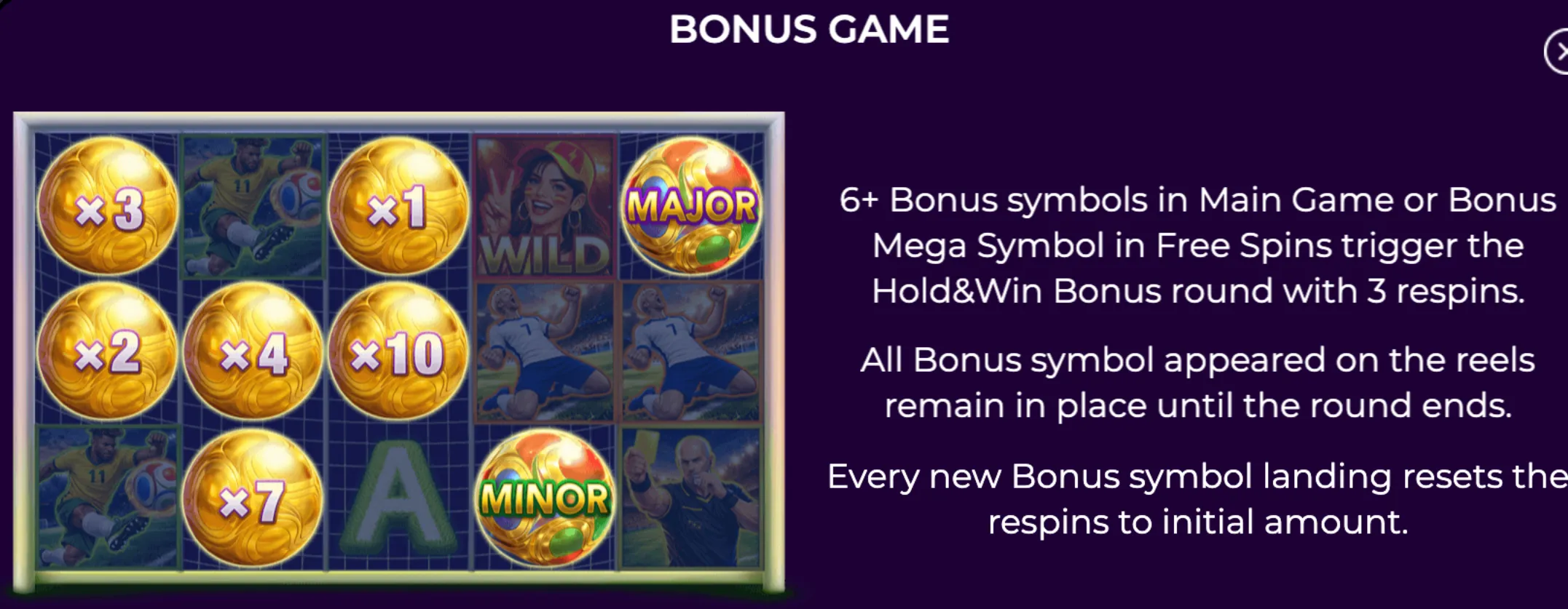 Slot game Comeback bonus game screen showing golden bonus symbols with multipliers and major/minor jackpot icons alongside soccer-themed character symbols.