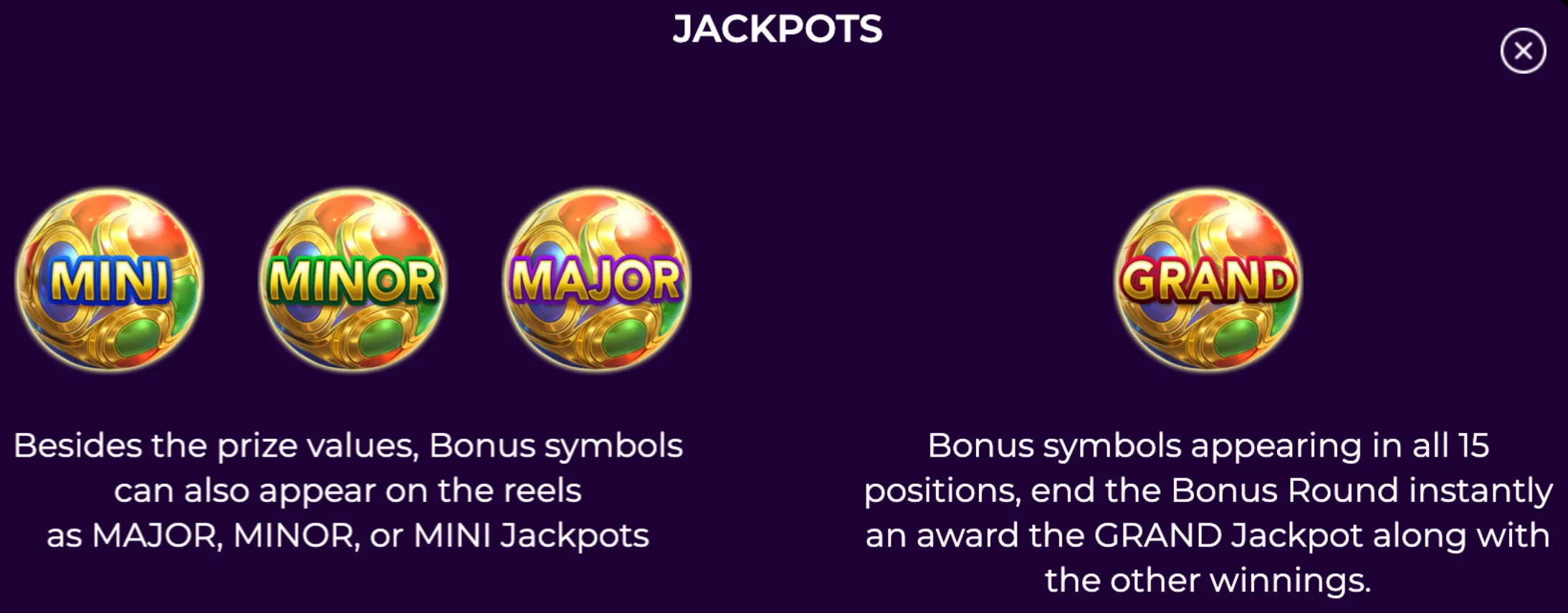 Four colorful golden jackpot spheres labeled MINI, MINOR, MAJOR, and GRAND representing different jackpot tiers in the Comeback slot game.