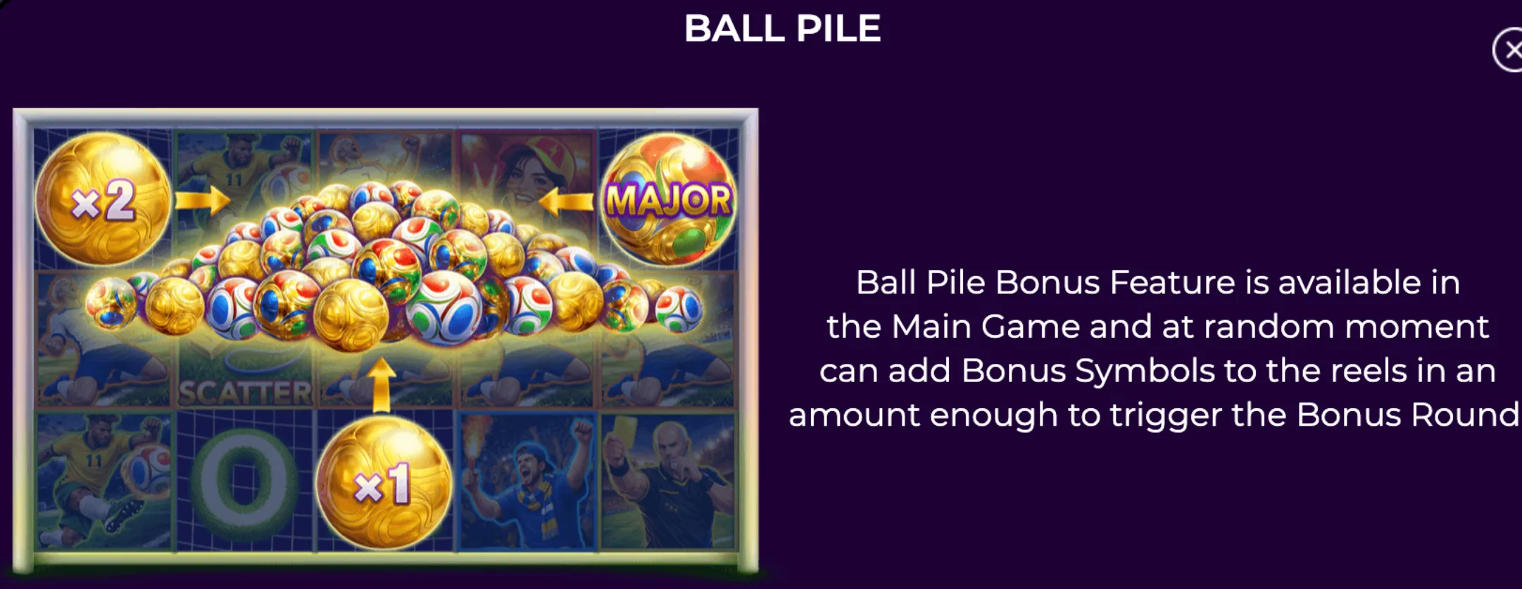 A soccer-themed slot game interface showing a pile of colorful and golden balls with multipliers and a major jackpot symbol, emphasizing the Ball Pile Bonus Feature.