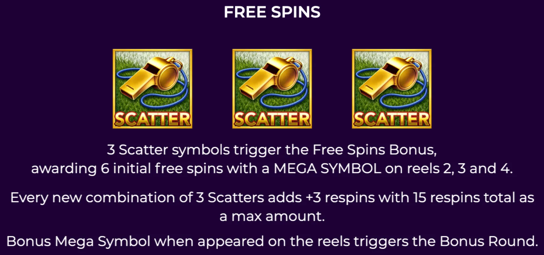 Three golden whistle scatter symbols on a green grass background indicate the trigger for free spins in the slot game Comeback.
