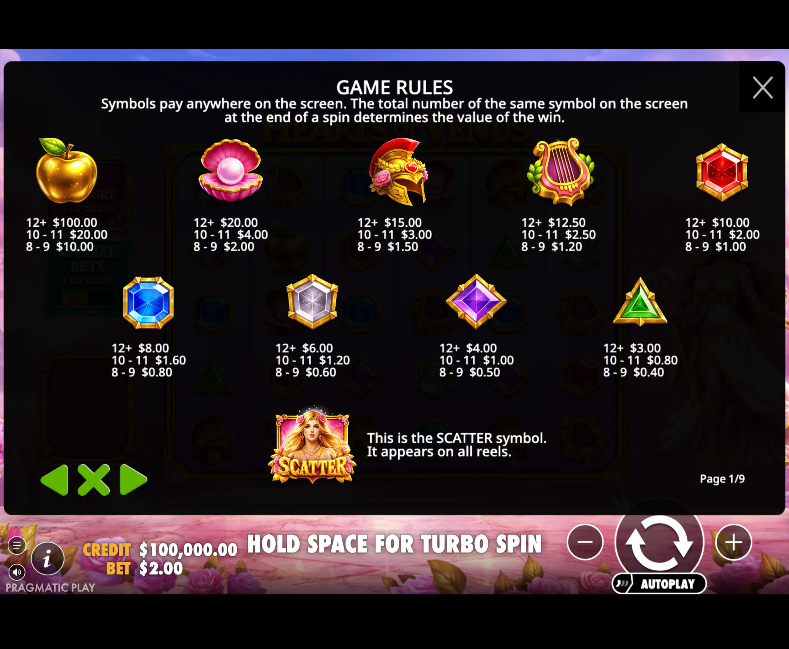 Game rules and symbol payout values for Hearts of Venus slot, featuring golden apple, pearl shell, helmet, lyre, and various gemstone symbols with corresponding payouts.