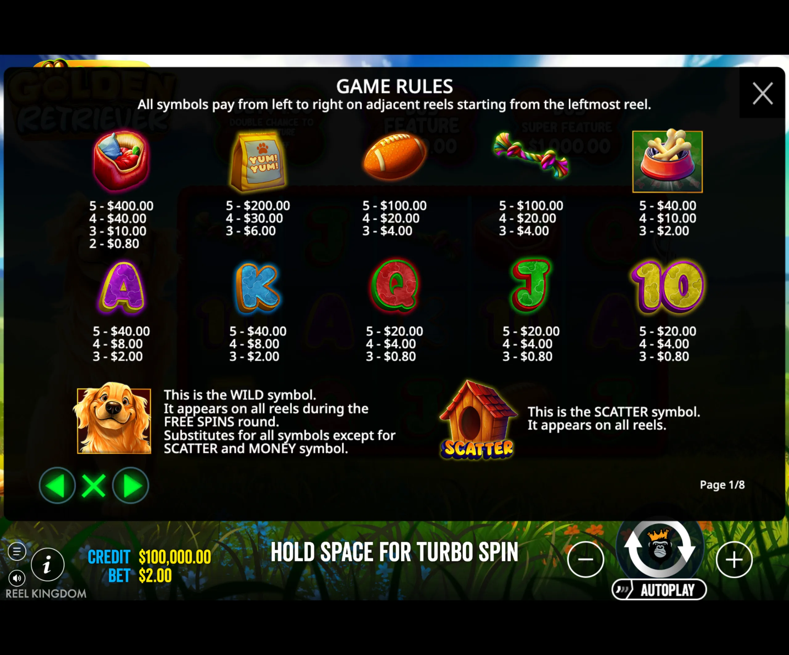 Golden Retriever slot game payout table displaying various dog-related symbols and their corresponding rewards, including a wild golden retriever and scatter doghouse symbol.