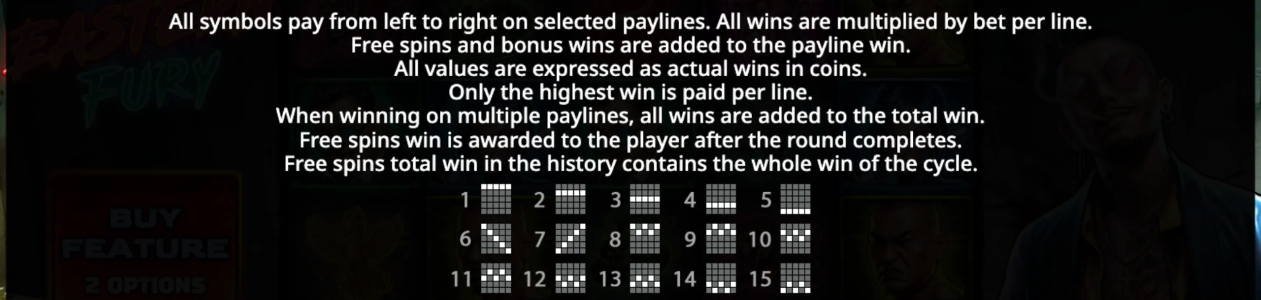 Eastern Fury paytable page 3 with symbol payouts