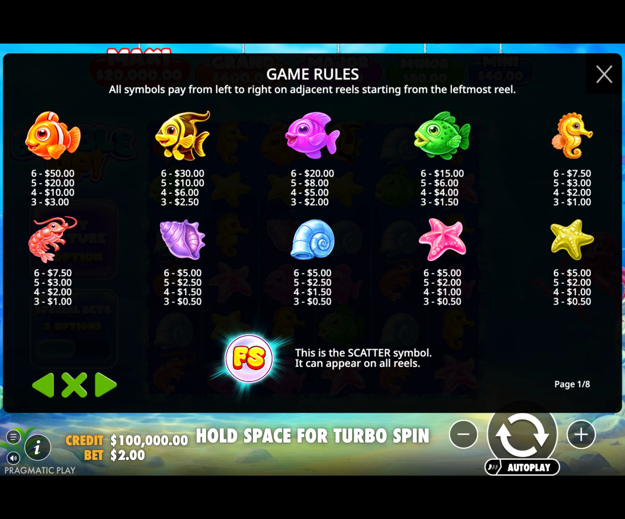 Underwater-themed slot game payout table featuring colorful fish, sea creatures, and shells with corresponding payout values for matching symbols.
